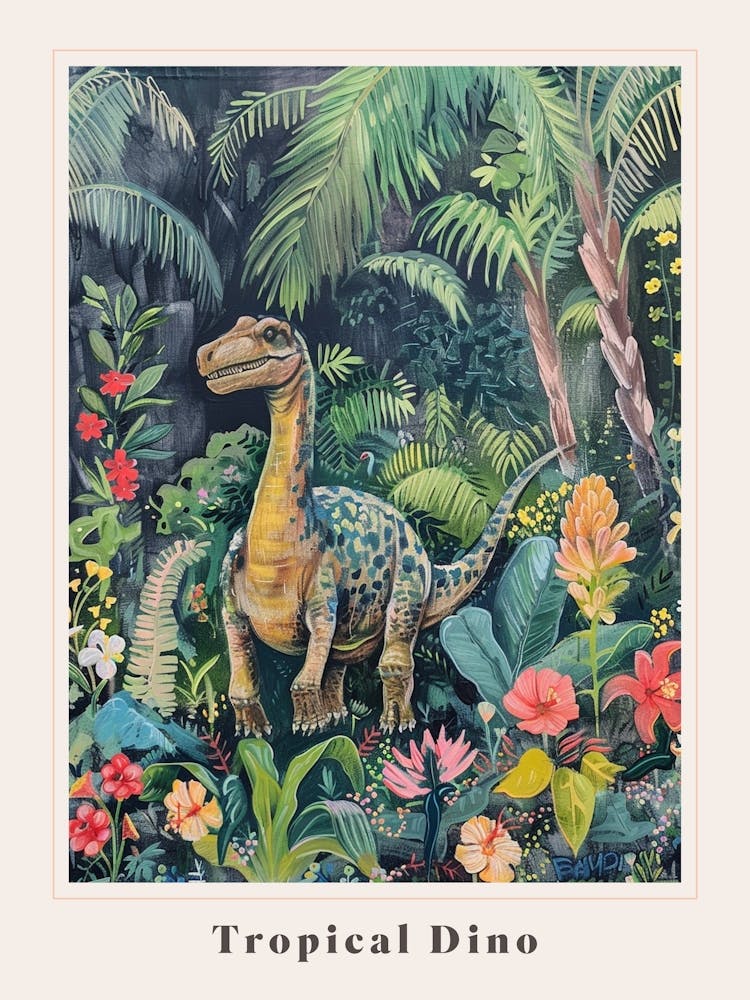 Dinosaur In Tropical Flowers Painting 1 Poster