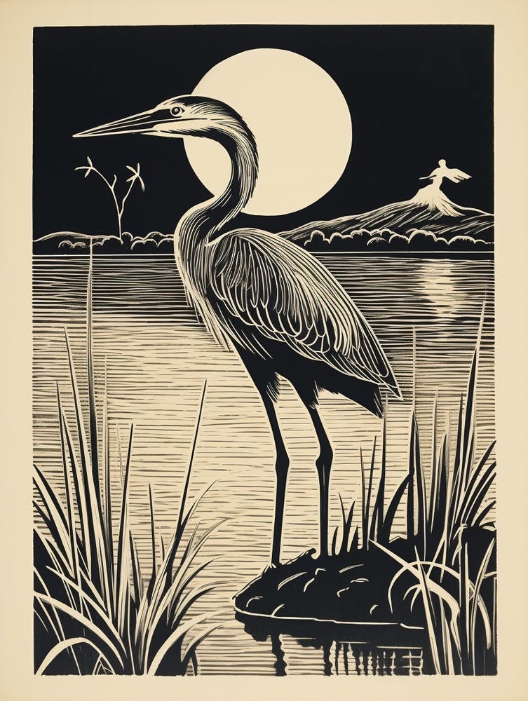 B&W Bird Linocut Great Blue Heron 1