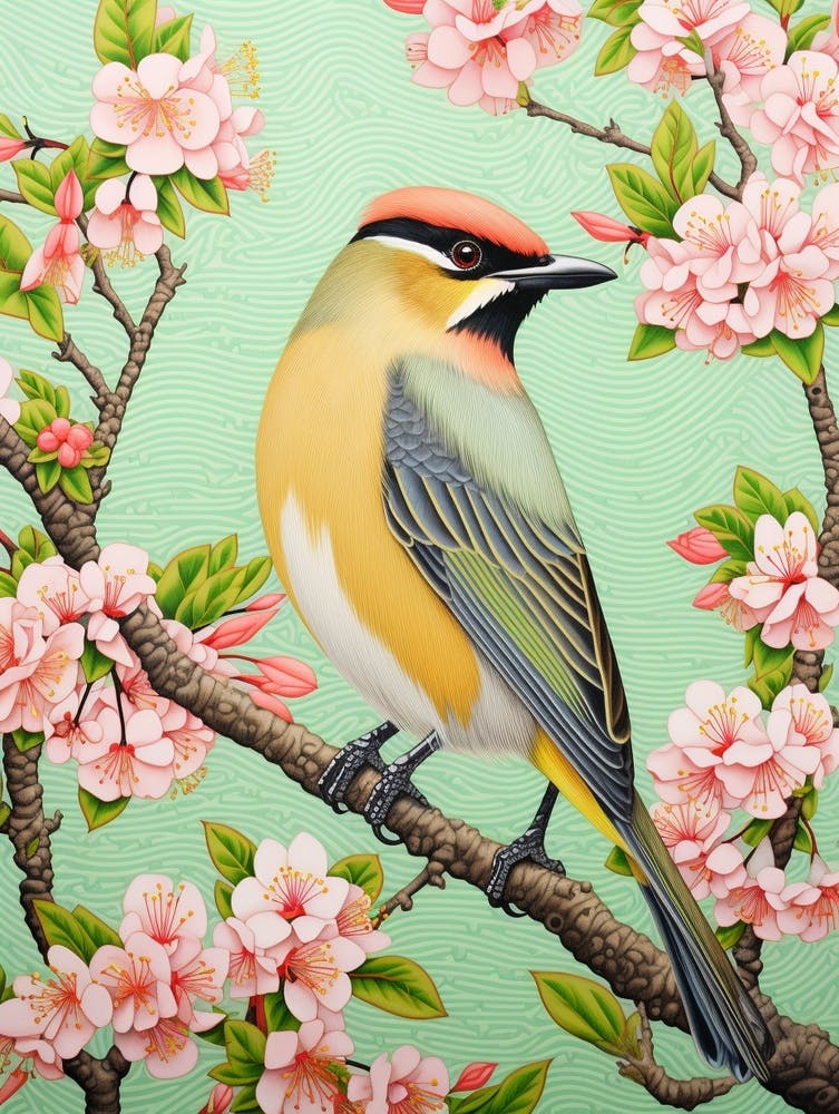 Ohara Koson Inspired Bird Painting Cedar Waxwing 3