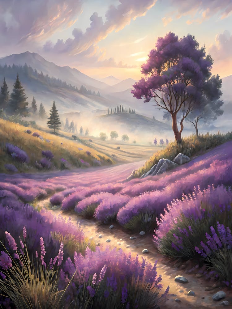 Enchanted Lavender Field Oil Painting Style