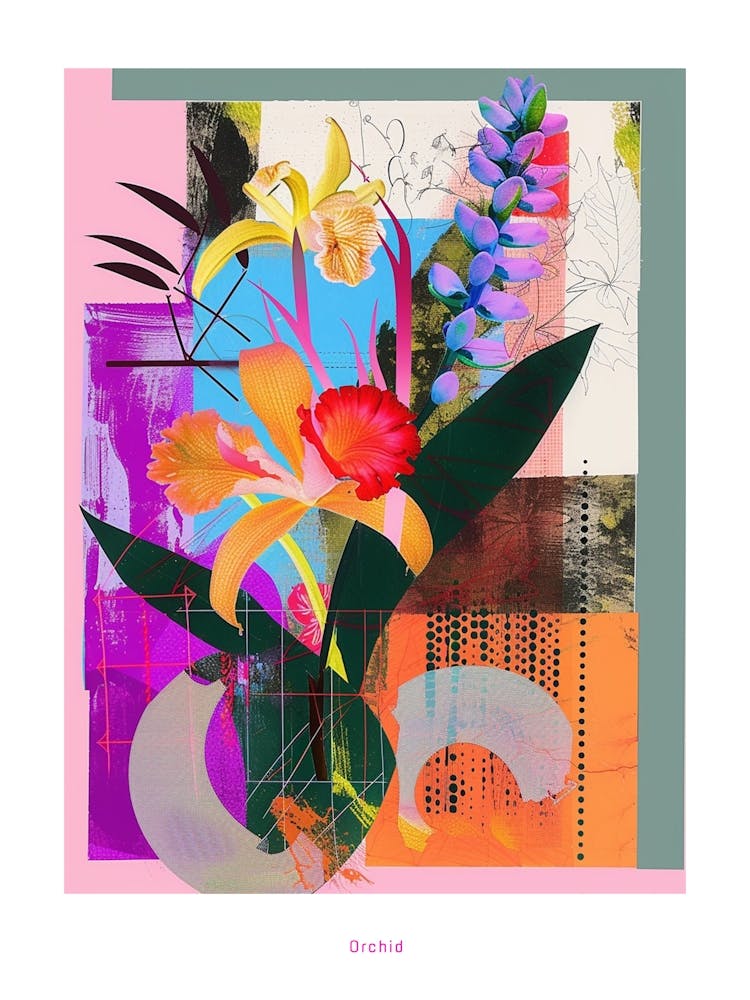 Orchid 3 Neon Flower Collage Poster