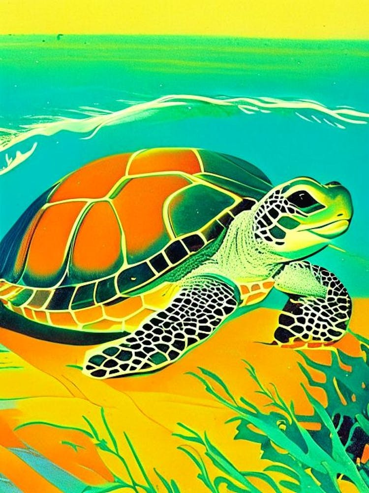 Hatching Sea Turtle, Sea Turtle Retro Illustration 1