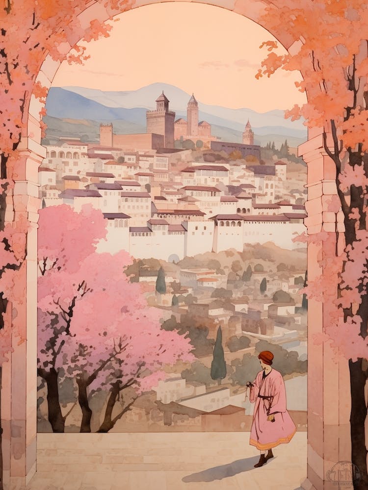 Granada Spain 4 Vintage Pink Travel Illustration