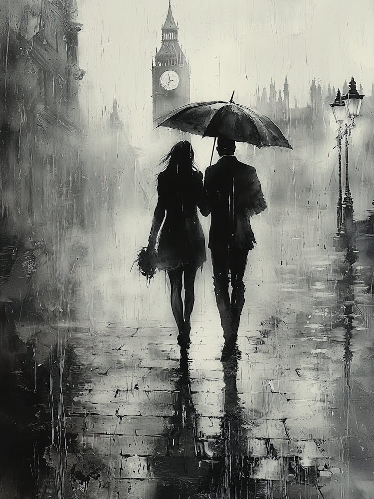 Rainy Day In London, Romantic Monochrome Charcoal style