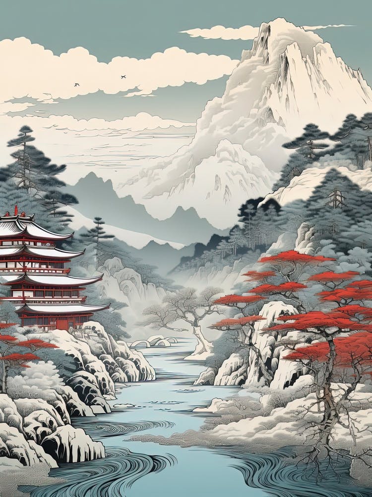 Kamikochi In Nagano In Nagano, Ukiyo E Black And White Line Art Drawing 4