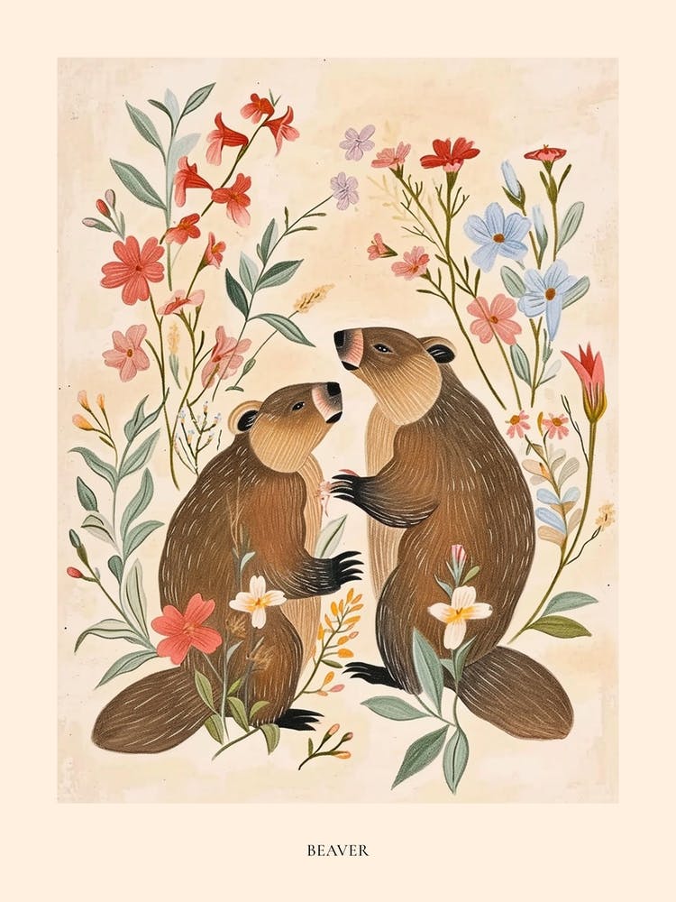 Folksy Floral Animal Drawing Beaver 2 Poster