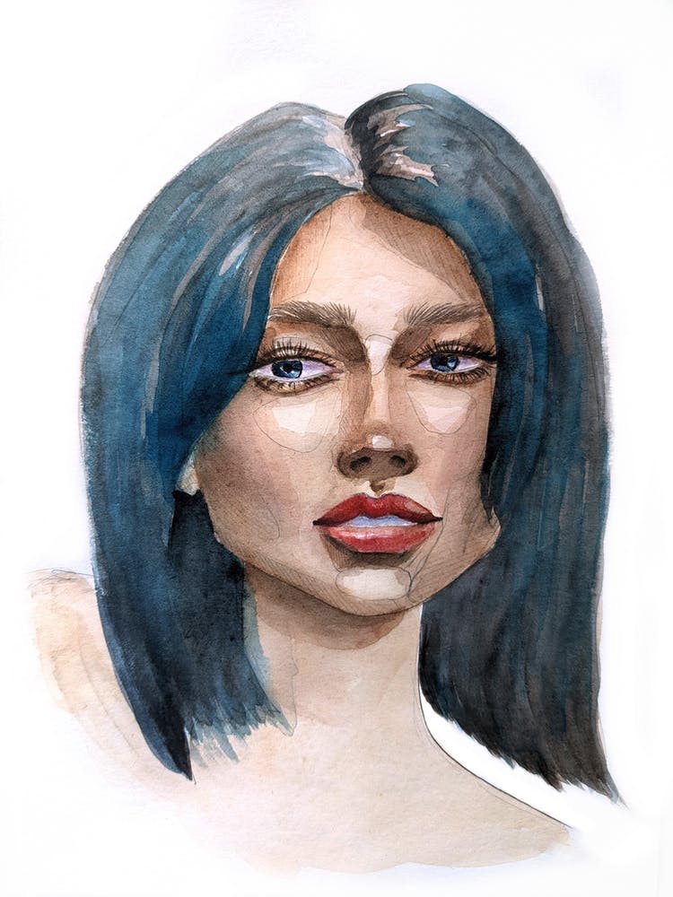 Watercolor portrait of a girl with blue hair