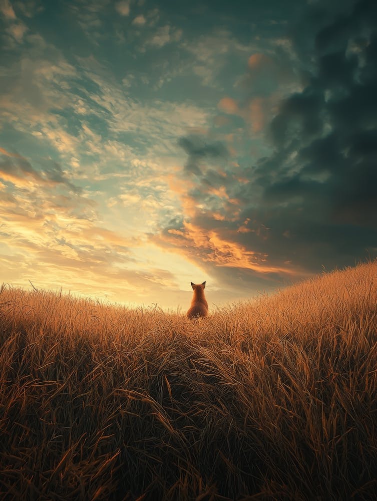 Fox In A Field At Sunset.Generated AI.