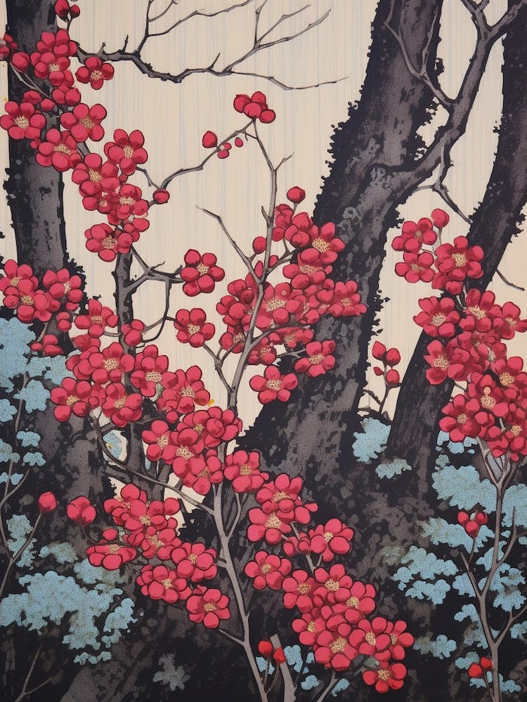 Yama Zakura Mountain Cherry 2 Vintage Botanical Woodblock