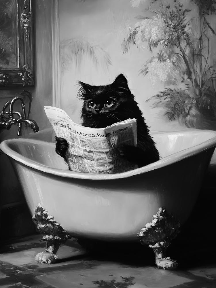 Cat Reading Newspaper In Bathtub