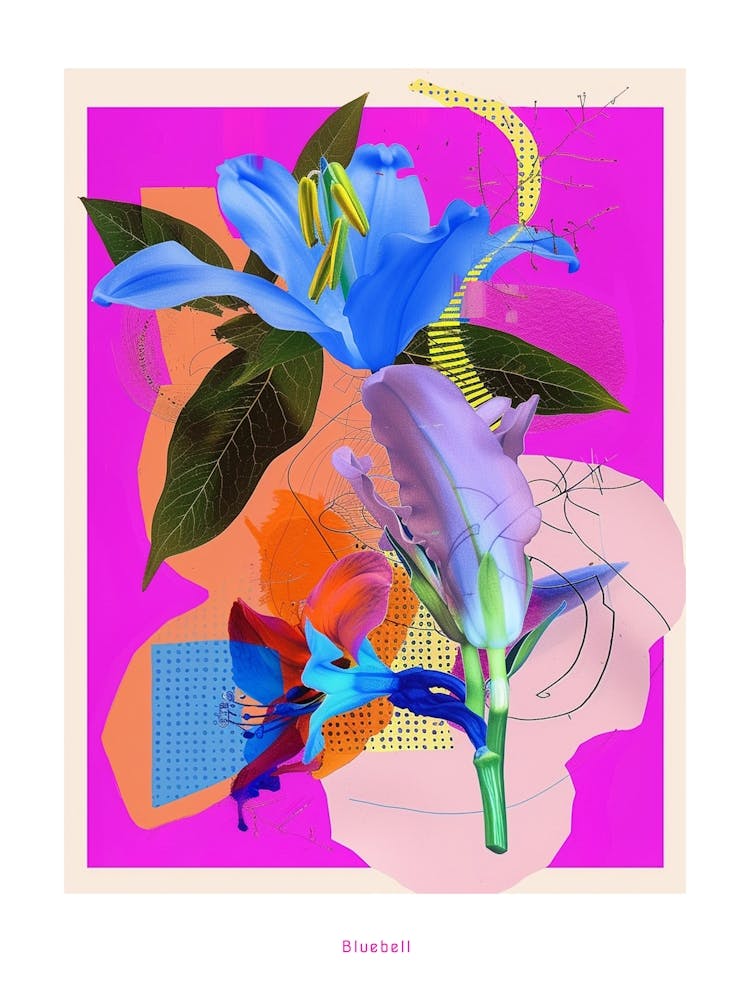 Bluebell 2 Neon Flower Collage Poster