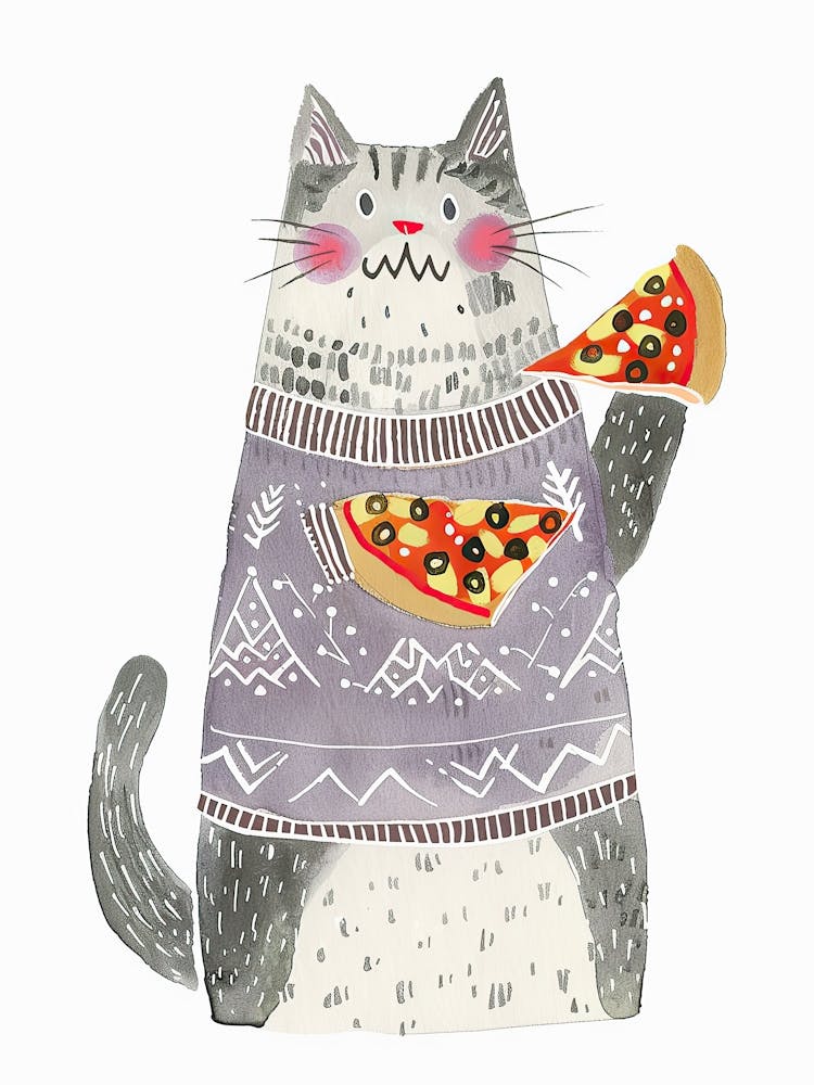 Happy Grey And White Cat Pizza Lover Folk Illustration 4