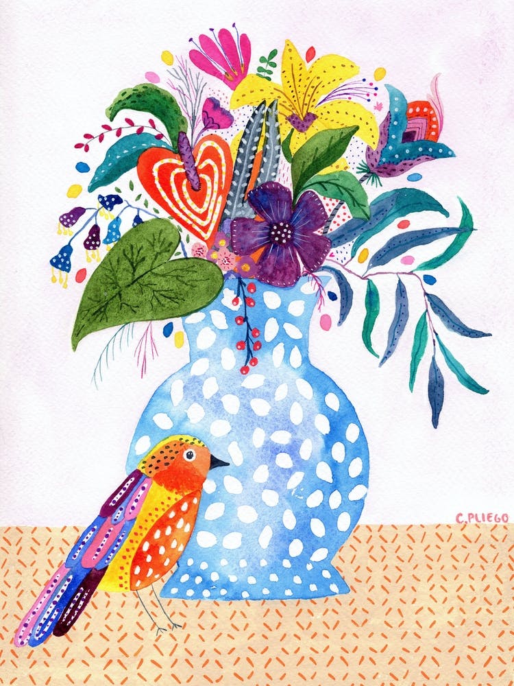 Still Life with Bird Colorful Watercolor Blue Vase Modern
