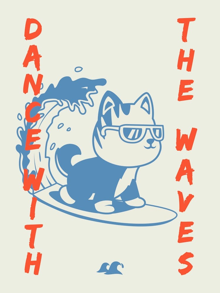 Dance with the waves / Cat Surfer — Retrowave poster, sport poster, anime print, manga poster