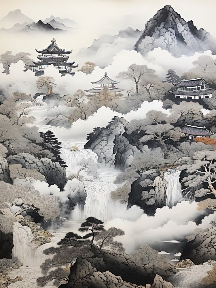 Koya San In Wakayama, Ukiyo E Black And White Line Art Drawing 2