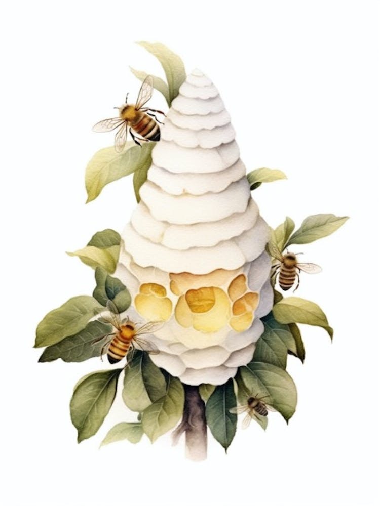Beehive With Camellia Watercolour Illustration 2