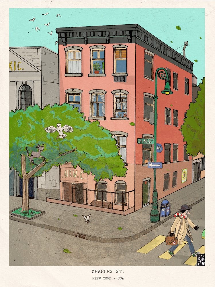 Charles Street Corner Manhattan - Whimsical NYC Cityscape Illustration - Fine Art New York City Wall Decor