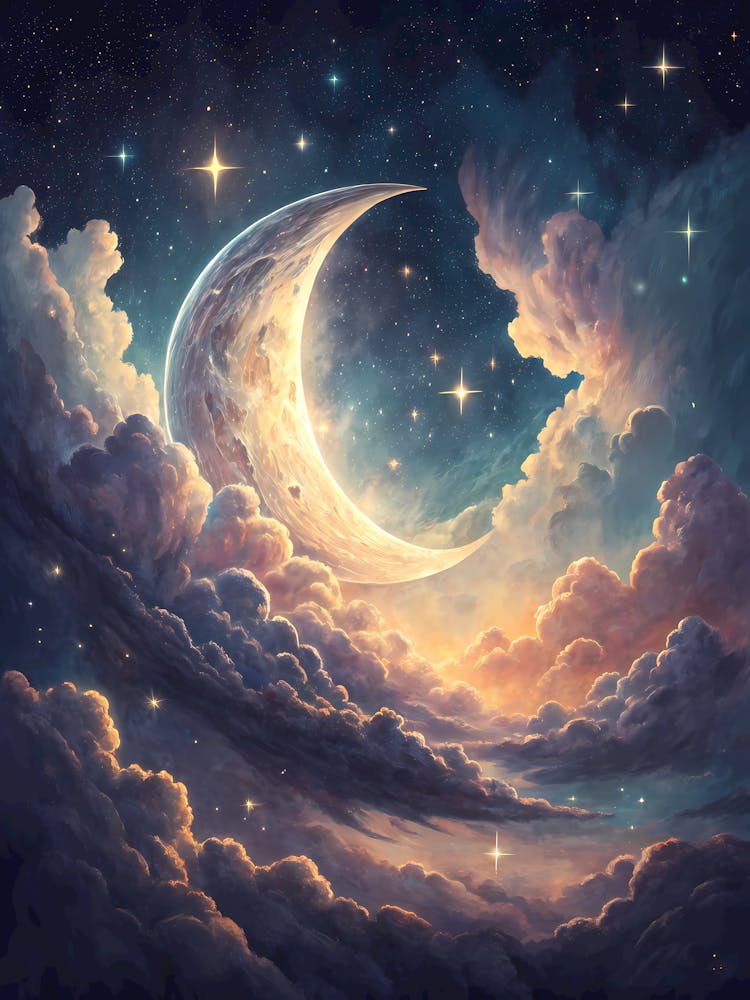 A Glowing Crescent Moon Surrounded by Clouds and Stars Oil Painting Style
