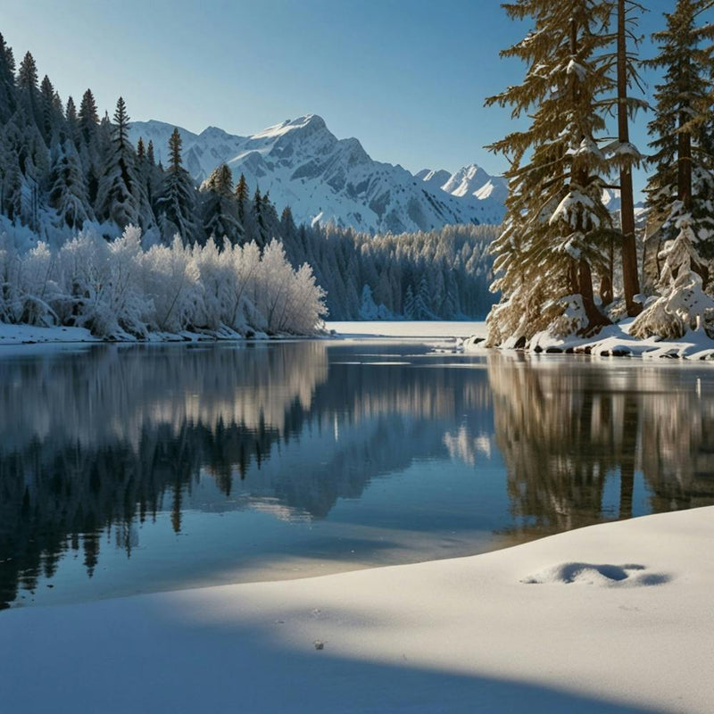 A Serene Winter Landscape With Snow Covered Trees, Frozen Lakes, And A Clear Blue Sky 2