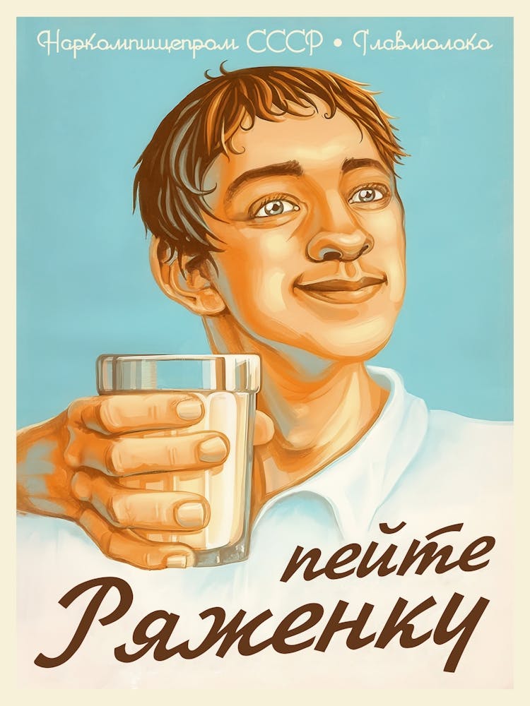 Soviet Milk poster, USSR 1960s / Drink fermented milk! — Soviet vintage food poster, kitchen prints, retro art print, propaganda poster
