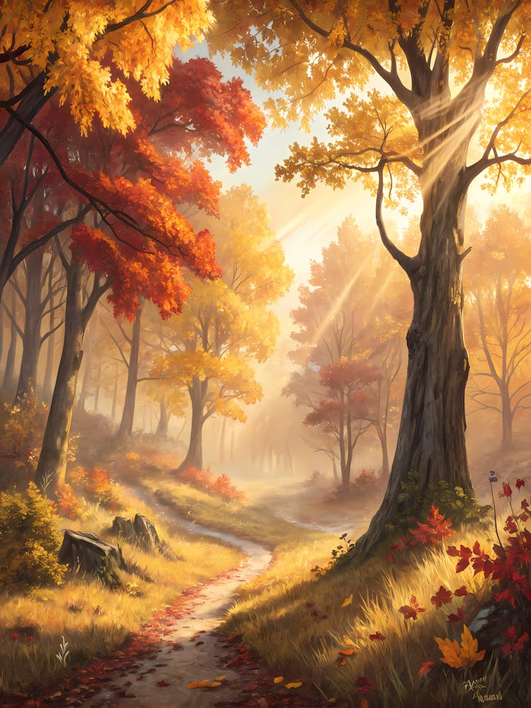 Oil Painting Style Golden Autumn Forest Sunlit Path & Vibrant Fall Foliage