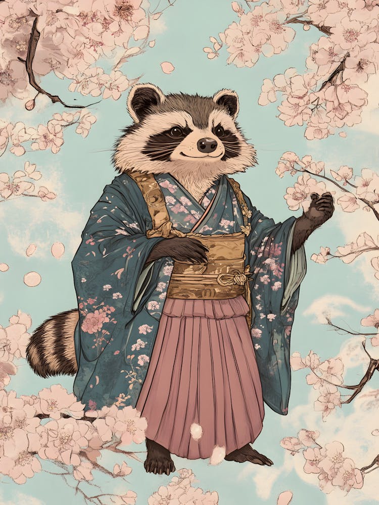 Raccoon In Cherry Blossoms