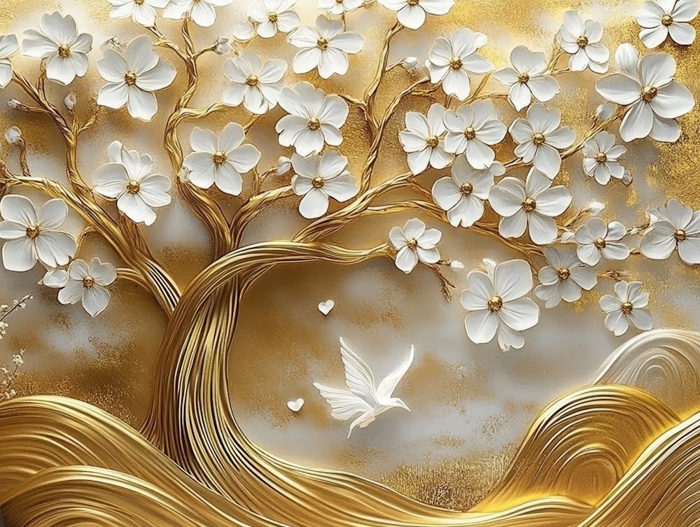 Gold Tree With White Flowers