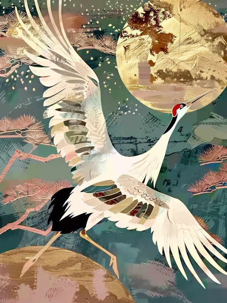 White Cranes Painting Gold Blue Effect Collage 3