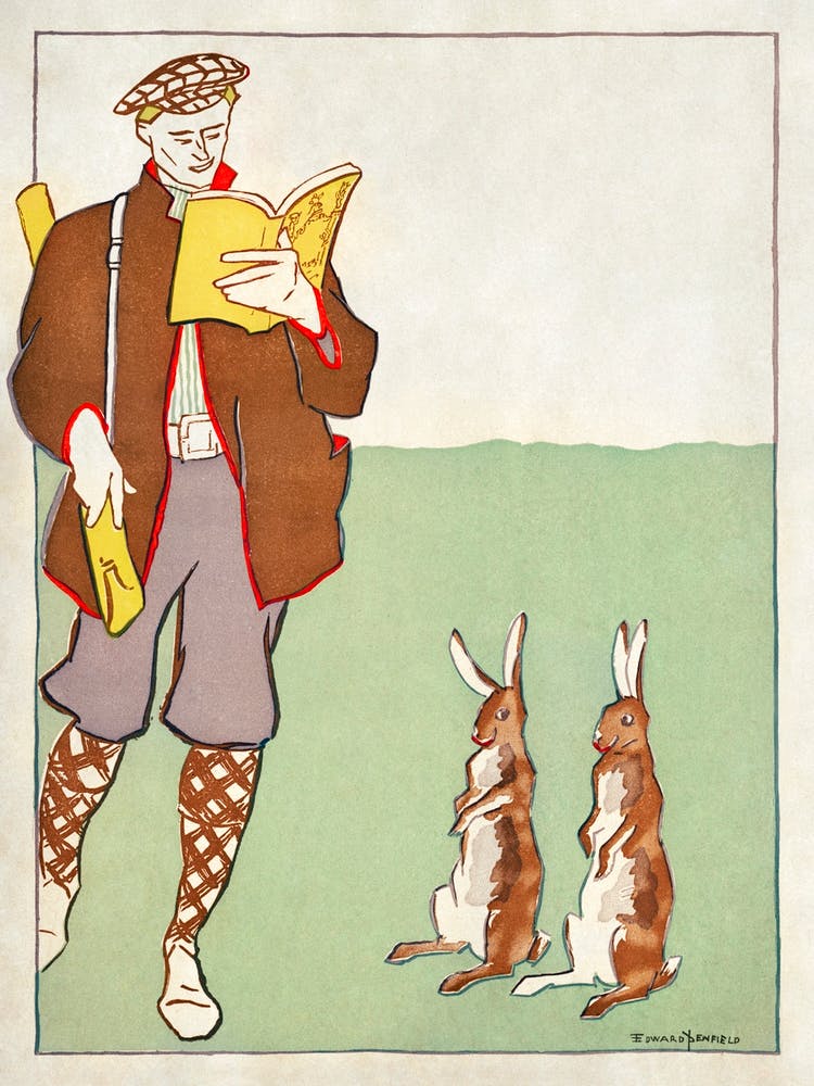 Man Reading A Book With Hares (1895), Edward Penfield