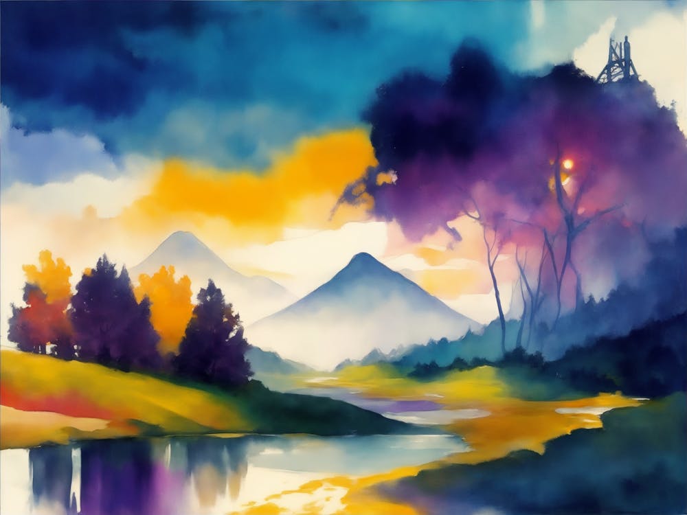 Landschaft mit einer Mühle, Bäumen, Fluss und Bergen