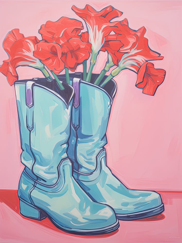 A Painting Of Cowboy Boots With Red Flowers, Fauvist Style, Still Life 9