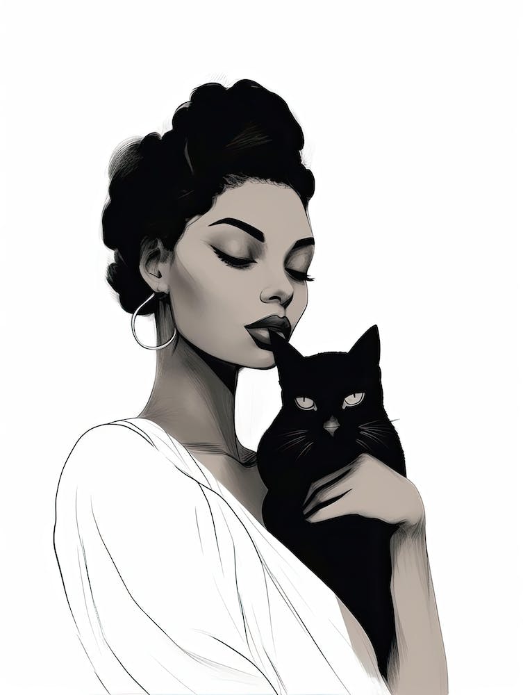 Black Woman With Cat,lineart