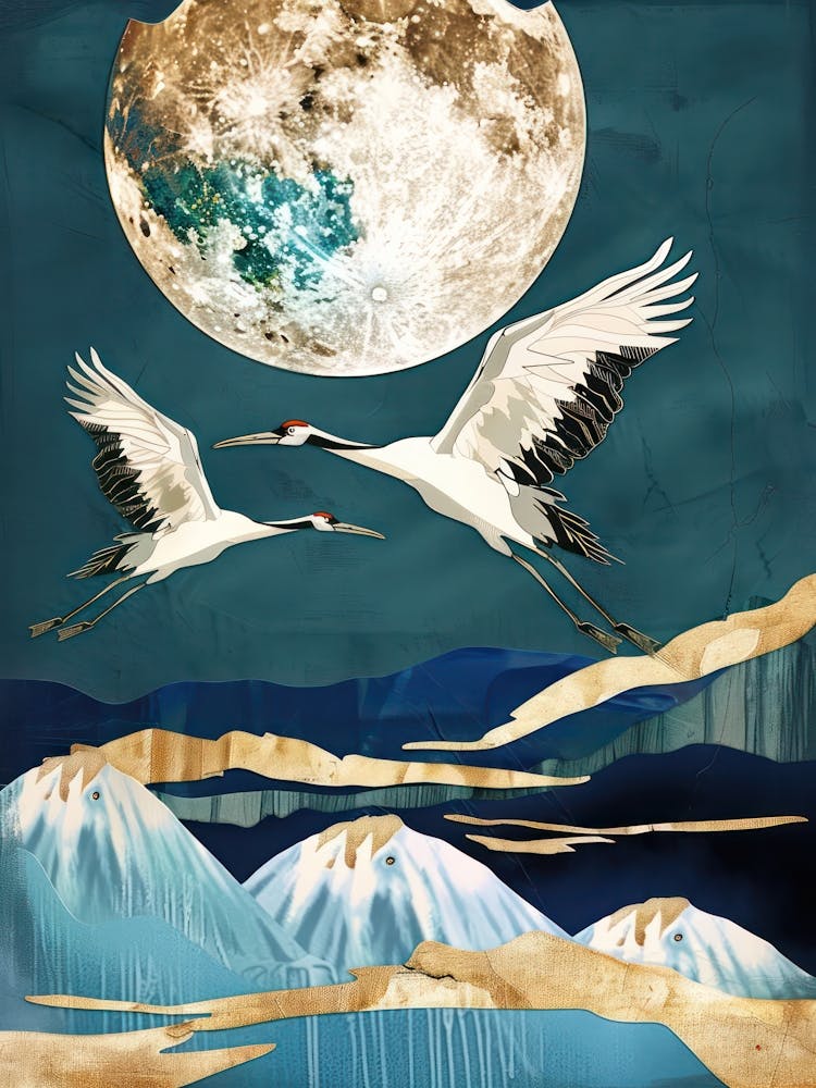 Cranes Flying Gold Blue Effect Collage 3