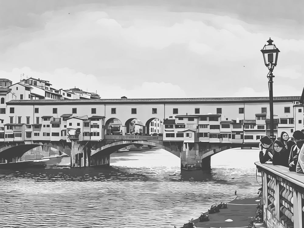 Ponte Vecchio Over the Arno River. A black-and-white depiction of Florence’s iconic Ponte Vecchio bridge, stretching over the Arno River. This historic bridge, adorned with small shops and classic Italian architecture, embodies the timeless beauty of Florence.