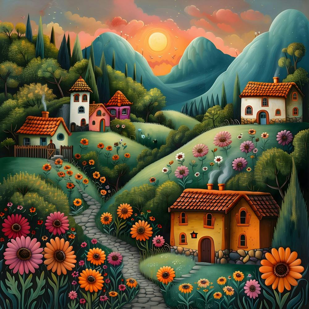Village At Sunset, Naive, Whimsical, Folk