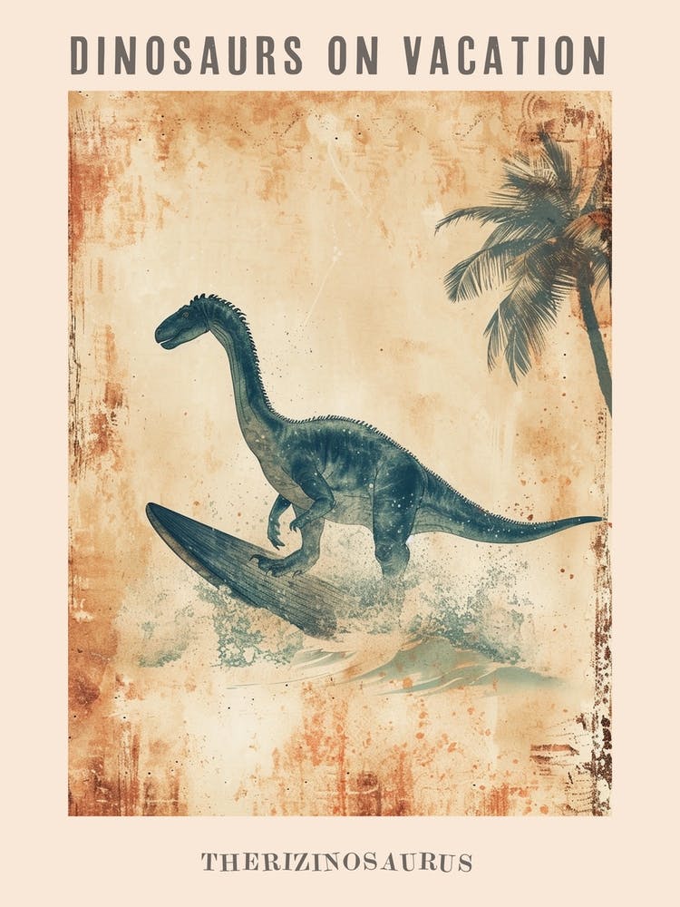 Affiche Dinosaure Therizinosaurus Vintage sur une Planche de Surf 2