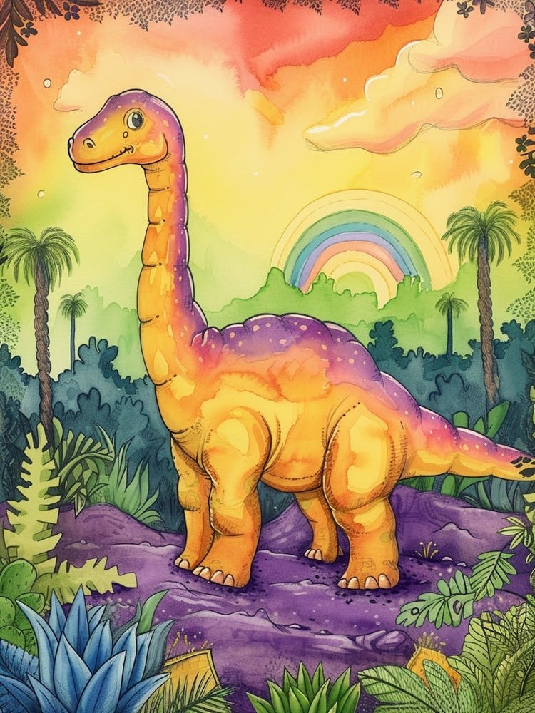 Pastel Rainbow Plateosaurus Dinosaur At Sunset