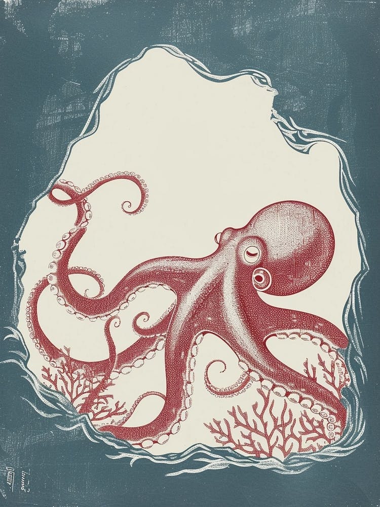 Linocut Inspired Octopus Hiding Away In A Cave 2