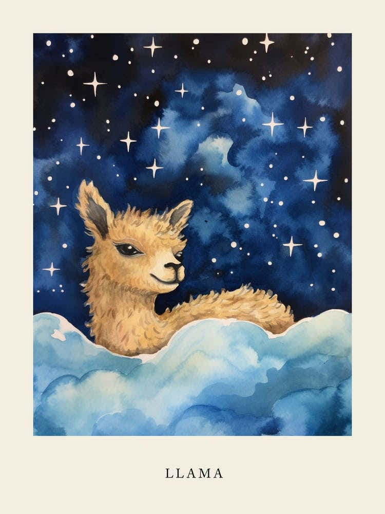 Baby Llama 3 Sleeping In The Clouds Nursery Poster