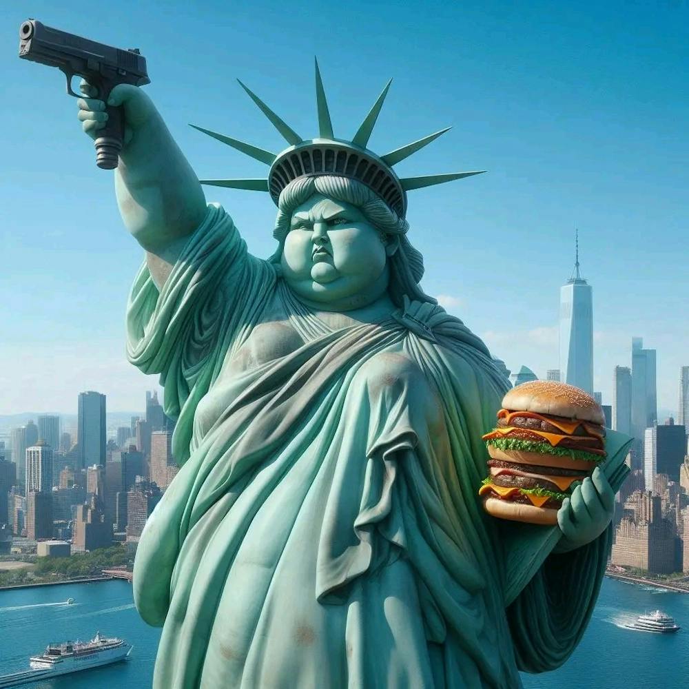 Statue Of Liberty Holding A Burger And A Gun
