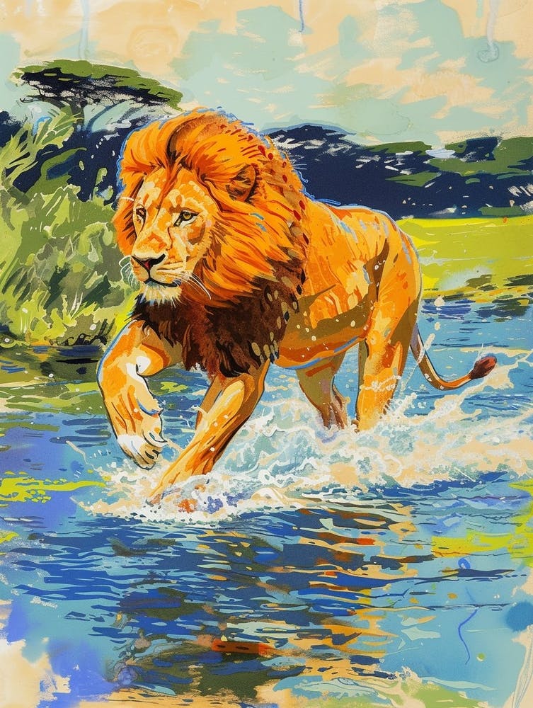 Masai Lion Crossing A River Fauvist Painting 4