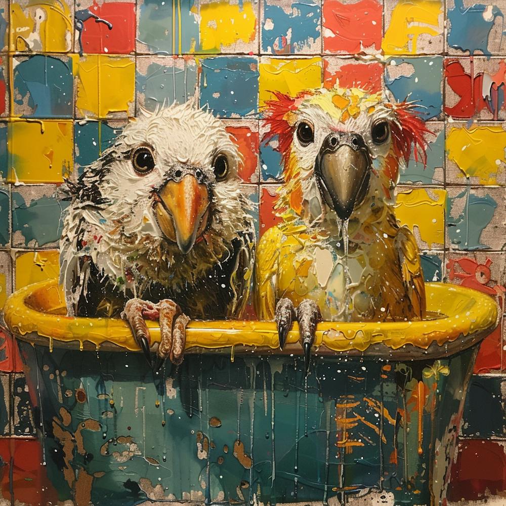 Two Parrots In A Tub