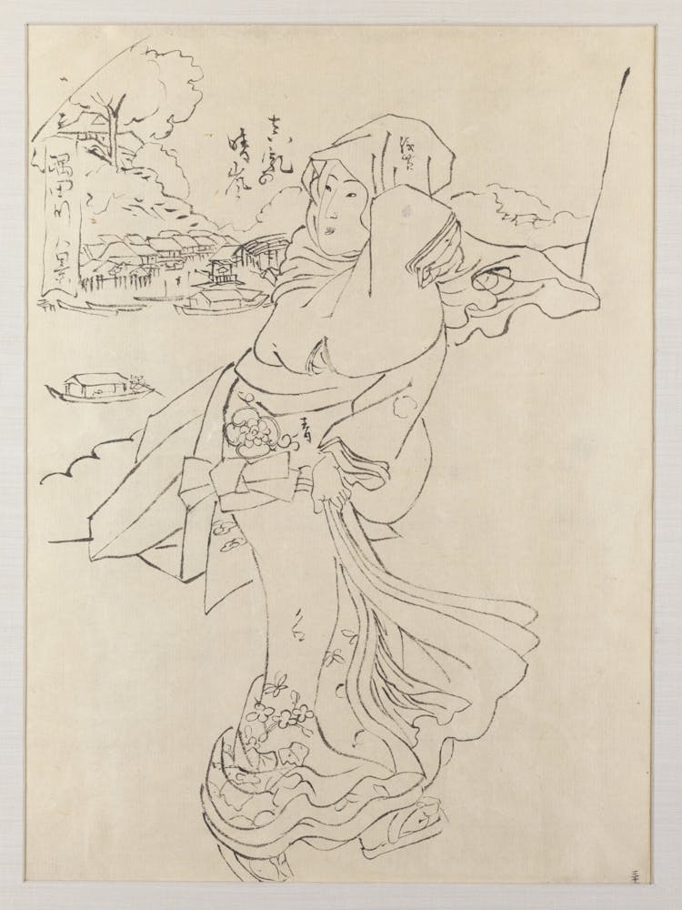 Framed Outline Preparatory Drawing Of A Woman Clutching Kimono Skirts Against Wind; Woman Is Walking With Body In