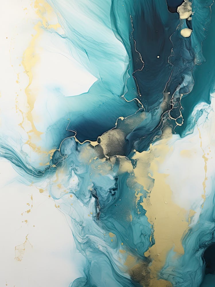 Teal, Weiß, Gold Fluss Abstraktes Gemälde 3
