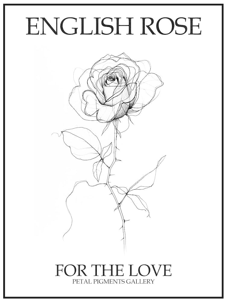 English Rose Black And White Line Drawing 19 Poster