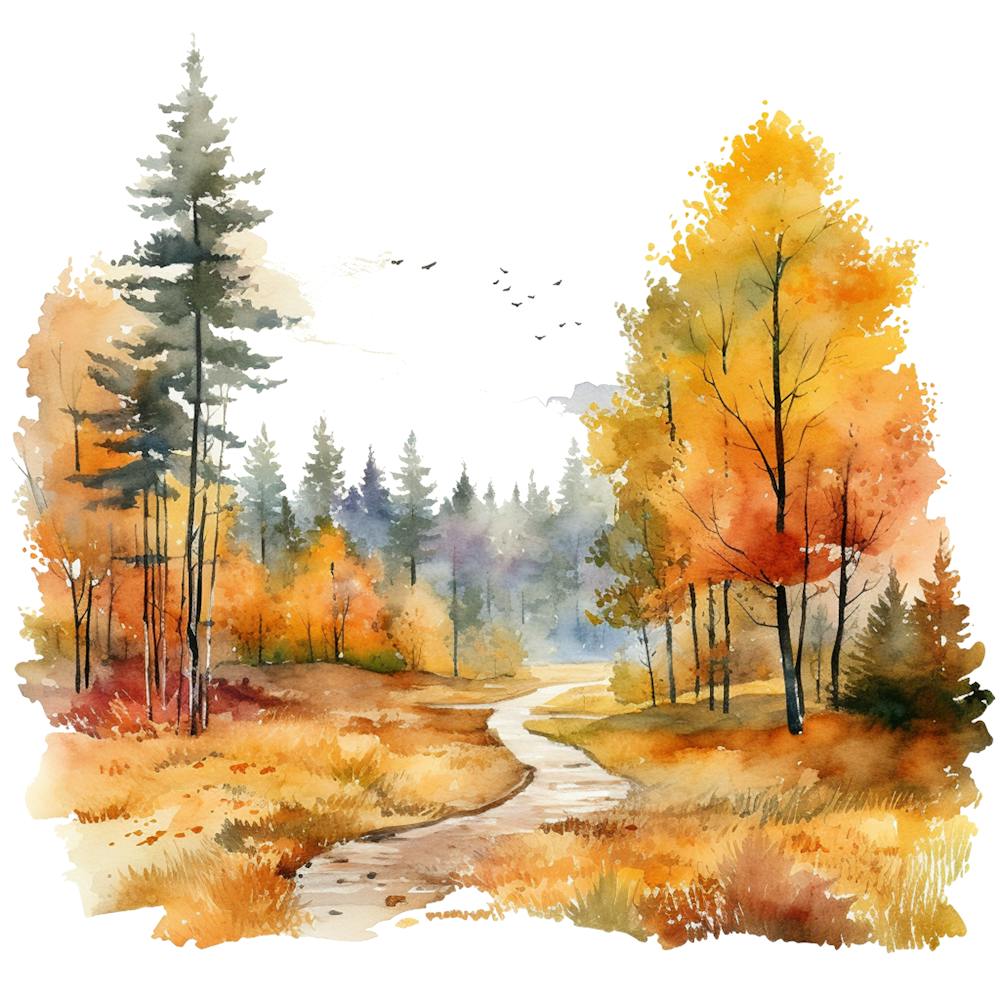 Chemin forestier d'automne en aquarelle