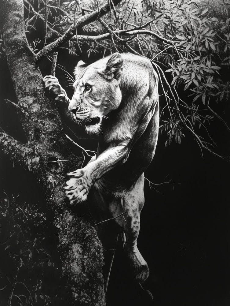 Barbary Lion Charcoal Drawing Panthera Leo Leo Climbing A Tree 1