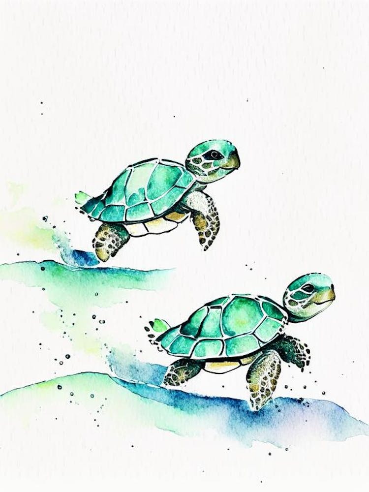 Hatchlings Making Their Way To The Ocean, Sea Turtle Minimalist Watercolour 1