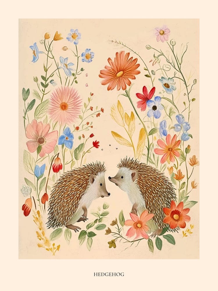 Folksy Floral Animal Drawing Hedgehog 9 Poster