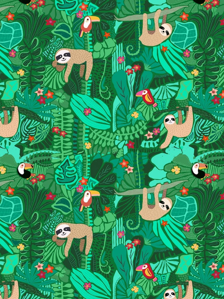 Happy Sloths In Green Jungle Trees